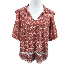Lucky Brand Mixed Media Floral Boho Print Ruffle Blouse Size L Red